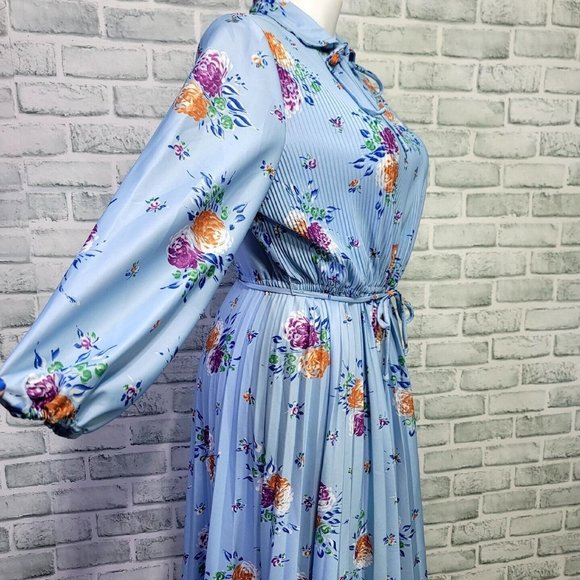 Vintage 70s Blue Floral Sheer Scarf Tie‎ Collar Pleated Secretary Midi Dress - Picture 8 of 12